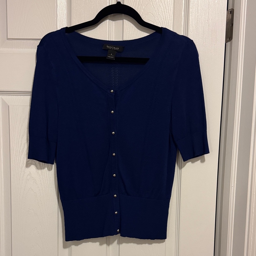 White House Black Market Deep Blue Button-Down Women's light knit sweater.